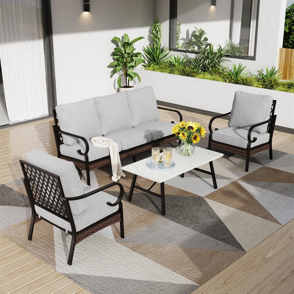 Salon de Jardin 5 Places en Acier et Rotin Noir avec Table Basse