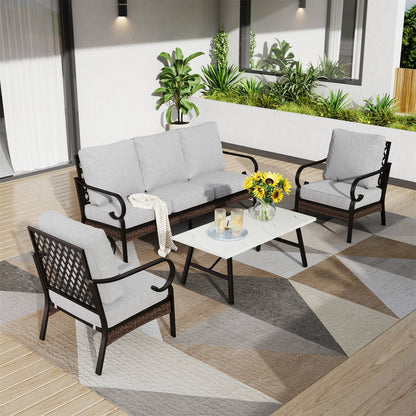 Salon de Jardin 5 Places en Acier et Rotin Noir avec Table Basse