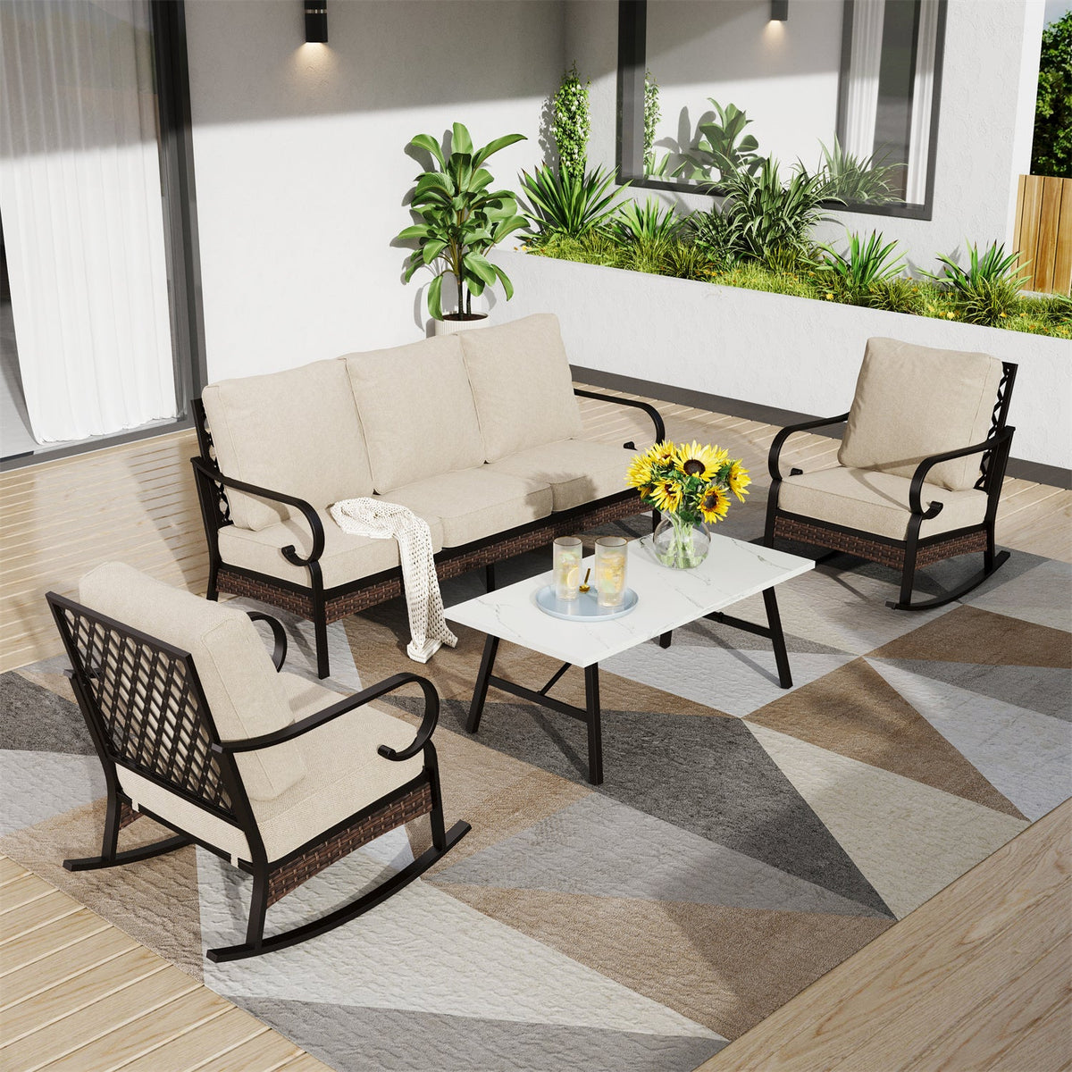 Salon de Jardin 5 Places en Acier et Rotin Noir avec Table Basse