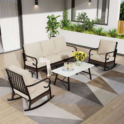 Salon de Jardin 5 Places en Acier et Rotin Noir avec Table Basse