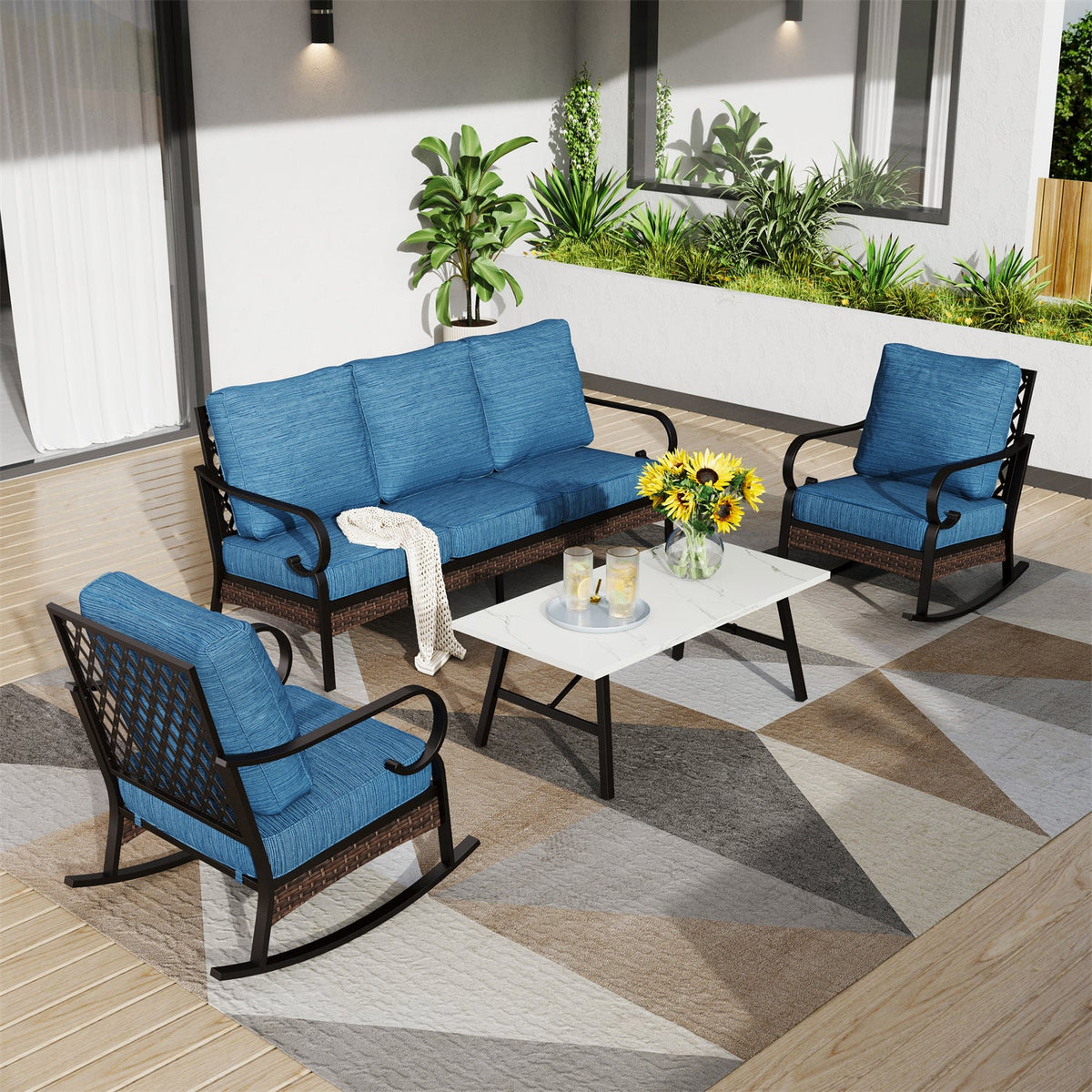 Salon de Jardin 5 Places en Acier et Rotin Noir avec Table Basse
