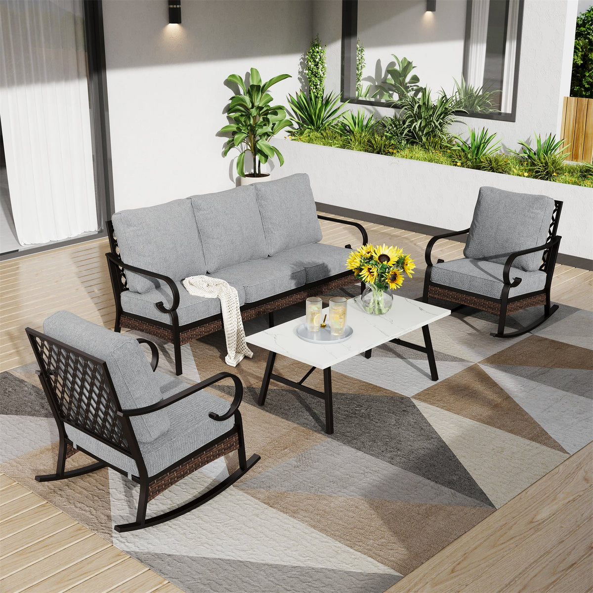 Salon de Jardin 5 Places en Acier et Rotin Noir avec Table Basse