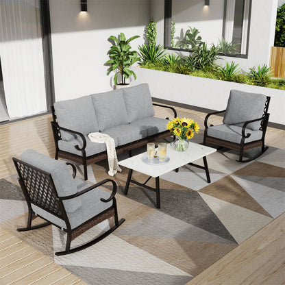 Salon de Jardin 5 Places en Acier et Rotin Noir avec Table Basse