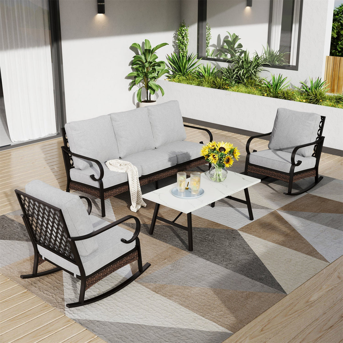 Salon de Jardin 5 Places en Acier et Rotin Noir avec Table Basse