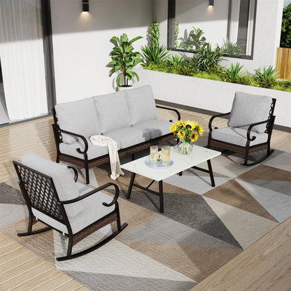 Salon de Jardin 5 Places en Acier et Rotin Noir avec Table Basse