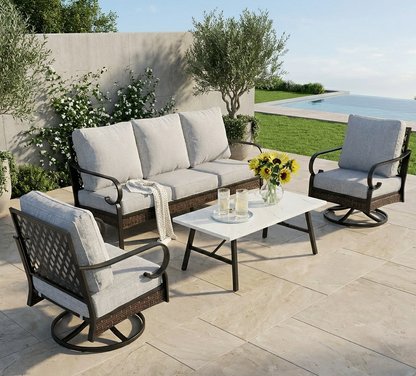 Salon de Jardin 5 Places en Acier et Rotin Noir avec Table Basse