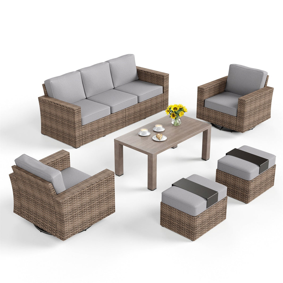 Salon de Jardin de Luxe en Rotin avec Fauteuils Pivotants et Table Basse