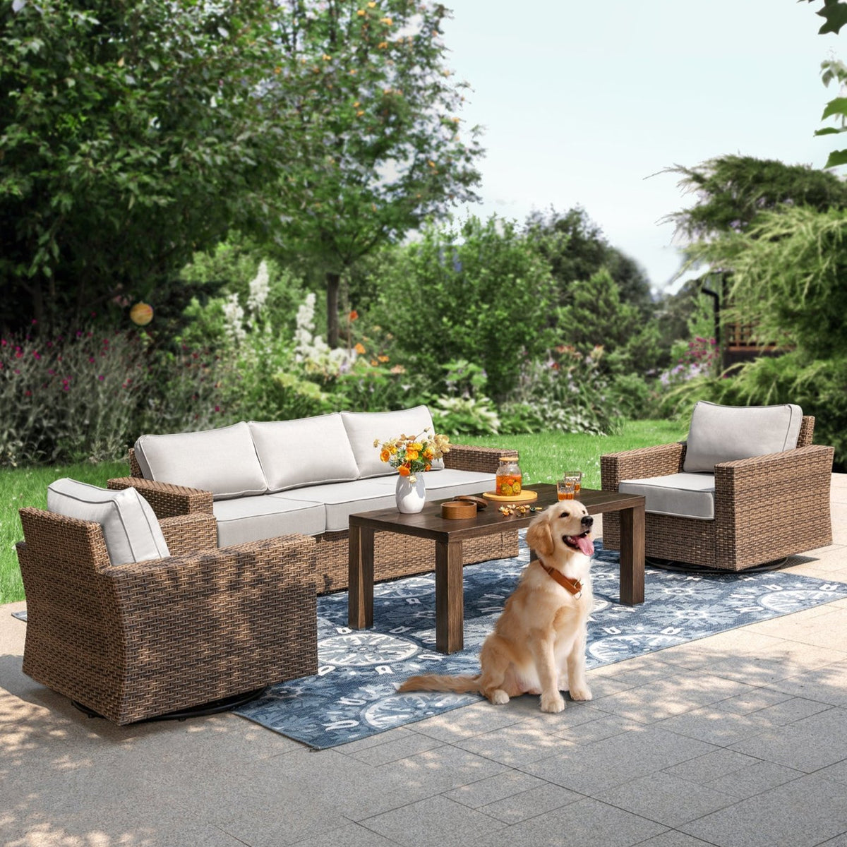 Salon de Jardin de Luxe en Rotin avec Fauteuils Pivotants et Table Basse